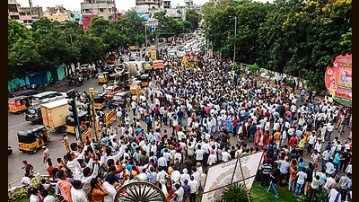 Hyderabad: People in large numbers take part in the funeral procession of late folk singer Gummadi Vittal Rao, popularly known as Gaddar, in Hyderabad on Monday. (ANI) Hyderabad: People in large numbers take part in the funeral procession of late folk singer Gummadi Vittal Rao, popularly known as Gaddar, in Hyderabad on Monday. (ANI)
