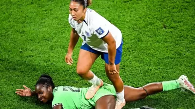 In the 87th minute of the match, Lauren James fouled against Nigeria's Michelle Alozie. (Twitter) In the 87th minute of the match, Lauren James fouled against Nigeria's Michelle Alozie. (Twitter)