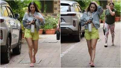 Malaika layered a grey-coloured crop jacket over the co-ord fit to complete the gym look. It features full-length sleeves, cinched cuffs, an open front with zip closure, side pockets, and a relaxed fitting. Open centre-parted super silky tresses, no-makeup look, glowing skin, and flip flops gave the finishing touch. (HT Photo/Varinder Chawla, Instagram) Malaika layered a grey-coloured crop jacket over the co-ord fit to complete the gym look. It features full-length sleeves, cinched cuffs, an open front with zip closure, side pockets, and a relaxed fitting. Open centre-parted super silky tresses, no-makeup look, glowing skin, and flip flops gave the finishing touch. (HT Photo/Varinder Chawla, Instagram)
