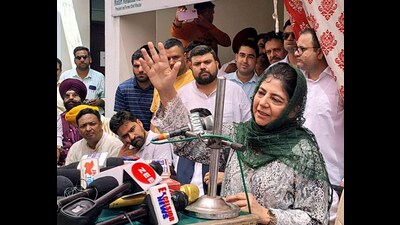 People's Democratic Party president Mehbooba Mufti addressing the media in Jammu on Monday. (ANI Photo)