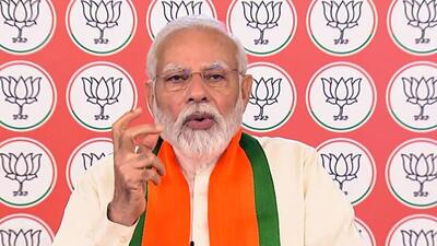 Prime Minister Narendra Modi virtually addressed a Panchayati Raj event held in Haryana’s Surajkund. (PTI Photo) Prime Minister Narendra Modi virtually addressed a Panchayati Raj event held in Haryana’s Surajkund. (PTI Photo)