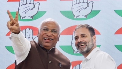 Congress President Mallikarjun Kharge with party leader Rahul Gandhi after a press conference at AICC headquarters, in New Delhi. (HT Photo) Congress President Mallikarjun Kharge with party leader Rahul Gandhi after a press conference at AICC headquarters, in New Delhi. (HT Photo)