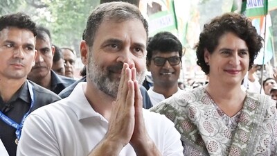 Congress leader Rahul Gandhi with his sister and party leader Priyanka Gandhi at AICC headquarters. (Hindustan Times) Congress leader Rahul Gandhi with his sister and party leader Priyanka Gandhi at AICC headquarters. (Hindustan Times)