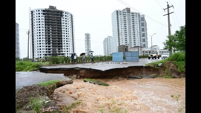 Road cave-in at New Chandigarh after heavy rains. (HT File) Road cave-in at New Chandigarh after heavy rains. (HT File)