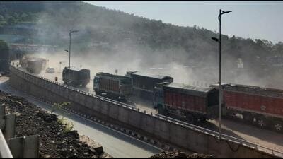 Trucks plying on the Kiratpur-Nerchowk four-lane highway on Sunday. (HT File) Trucks plying on the Kiratpur-Nerchowk four-lane highway on Sunday. (HT File)