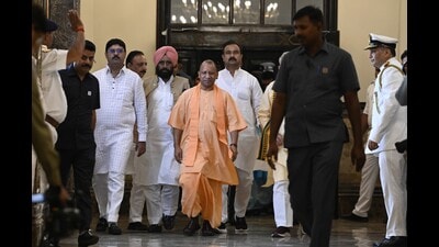 Uttar Pradesh chief minister Yogi Adityanath at the Vidhan Sabha on the opening day of monsoon session of the legislative assembly in Lucknow on August 7. (Deepak Gupta/HT photo) Uttar Pradesh chief minister Yogi Adityanath at the Vidhan Sabha on the opening day of monsoon session of the legislative assembly in Lucknow on August 7. (Deepak Gupta/HT photo)