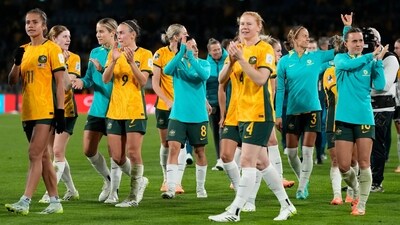 Australia's players leave the pitch after winning the Women's World Cup round of 16 soccer match between Australia and Denmark at Stadium Australia in Sydney (AP) Australia's players leave the pitch after winning the Women's World Cup round of 16 soccer match between Australia and Denmark at Stadium Australia in Sydney (AP)