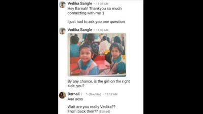 Thanks to LinkedIn, a woman was able to find her childhood friend. (Twitter/@Vedika) Thanks to LinkedIn, a woman was able to find her childhood friend. (Twitter/@Vedika)