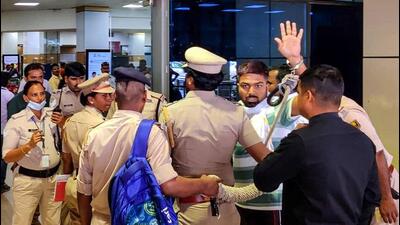 YouTuber Manish Kashyap at Patna airport while being taken to Tamil Nadu in March this year. (PTI)