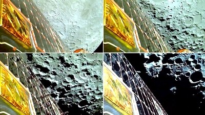 The Moon, as viewed by Chandrayaan 3 spacecraft during Lunar Orbit Insertion (LOI), on Sunday. (ISRO/ANI) The Moon, as viewed by Chandrayaan 3 spacecraft during Lunar Orbit Insertion (LOI), on Sunday. (ISRO/ANI)