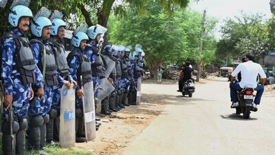 After the communal violence in Nuh, Rapid Action Force (RAF) has been deployed in sector-57 near Tigra Village to maintain law & order, in Gurugram, India, on Sunday. (Photo by Parveen Kumar/Hindustan Times) After the communal violence in Nuh, Rapid Action Force (RAF) has been deployed in sector-57 near Tigra Village to maintain law & order, in Gurugram, India, on Sunday. (Photo by Parveen Kumar/Hindustan Times)