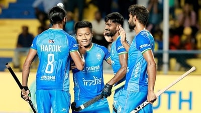 Indian players celebrate after a goal Indian players celebrate after a goal
