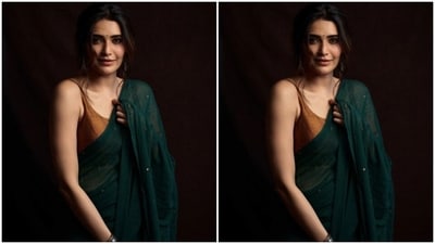 Karishma played muse to fashion designer house Sita Bombay and picked a stunning green saree from the shelves of the designer house. (Instagram/@karishmaktanna) Karishma played muse to fashion designer house Sita Bombay and picked a stunning green saree from the shelves of the designer house. (Instagram/@karishmaktanna)
