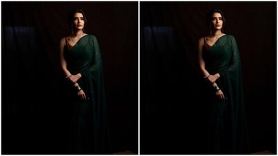 Karishma looked ethereal in a green cotton saree with minimal golden details throughout. She teamed it with a golden sleeveless blouse. Husband Varun Bangera dropped by in the comment section and added multiple red heart and heart-eyed emoticons. (Instagram/@karishmaktanna) Karishma looked ethereal in a green cotton saree with minimal golden details throughout. She teamed it with a golden sleeveless blouse. Husband Varun Bangera dropped by in the comment section and added multiple red heart and heart-eyed emoticons. (Instagram/@karishmaktanna)