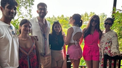 Sara Ali Khan posed with her back towards the camera in one of the photos as all her friends smiled looking into the camera. The actor wore a white crop top with a pair of pink shorts in the group photo that was taken outdoors. Sara Ali Khan posed with her back towards the camera in one of the photos as all her friends smiled looking into the camera. The actor wore a white crop top with a pair of pink shorts in the group photo that was taken outdoors. 