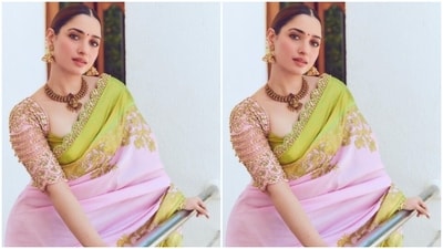 Tamannaah looked like a dream in a pink saree with green borders and golden zari detail. She further teamed it with a matching pink blouse with heavy golden embellishments and long sleeves.&nbsp; (Instagram/@tamannaahspeaks)