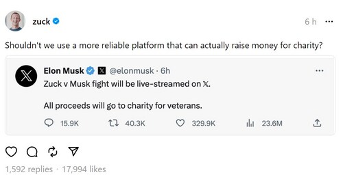 Mark Zuckerberg responds to Elon Musk on their potential cage fight. (Threads) Mark Zuckerberg responds to Elon Musk on their potential cage fight. (Threads)