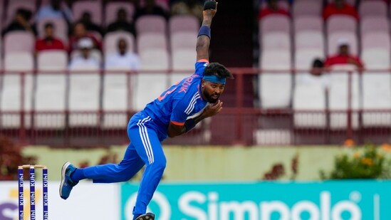 Hardik Pandya bowls against West Indies (AP)