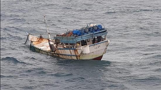 An investigation by the ICG ship revealed that the fishing vessel was found with ropes and fishing nets and was adrift at Sea for a longer duration due to rough weather. (HT Photo)