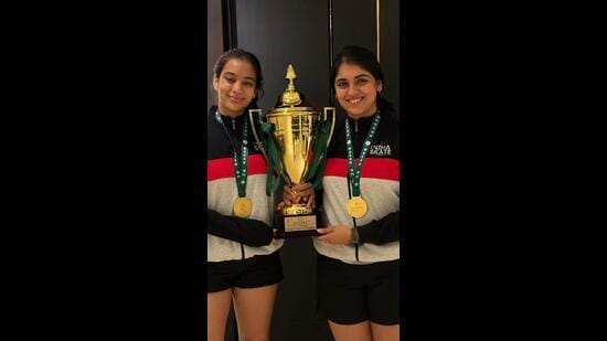 Manika Mahajan (left) and Runjhun Sharda were part of the Indian team that won the gold medal at the Macau Open Roller Hockey Championship recently. (HT Photo)