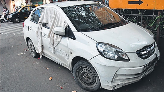Mumbai, India –Aug 07,2023: Accident car outside Byculla Police Station, in Mumbai, India, on Monday, Aug 07, 2023. (Photo by Bhushan Koyande/HT Photo) (Hindustan Times)