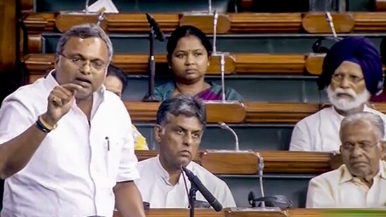 Congress MP Karti Chidambaram speaks in the Lok Sabha during the Monsoon session of Parliament, in New Delhi, Thursday, (PTI)