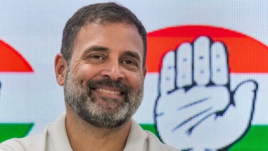 Congress leader Rahul Gandhi at AICC headquarters during a press conference after the Supreme Court stayed his conviction in the 2019 criminal defamation case over his 'Modi surname' remark on Friday, (PTI)