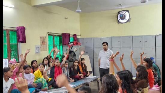 Prayagraj BSA Praveen Kumar Tiwari at KGBV in Chaka development block on August 6. (HT photo)