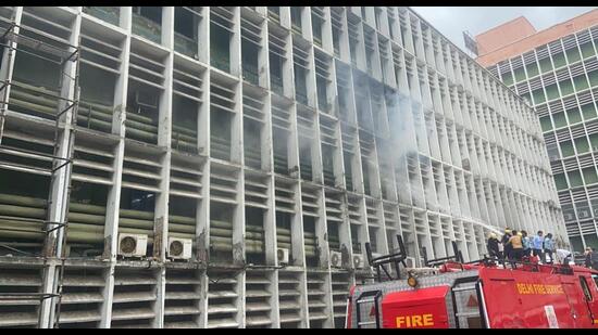 The fire on the second floor of the main building was under control now. (HT PHOTO)