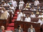 Opposition MPs during the discussion on The Government of National Capital Territory of Delhi (Amendment) Bill, 2023 in Rajya Sabha during the Monsoon Session of Parliament. (ANI)