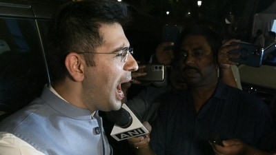 AAP MP Raghav Chadha coming out from Parliament after Rajya Sabha passed the Government of National Capital Territory of Delhi (Amendment) Bill, 2023, also known as Delhi Services Bill during Monsoon session on Monday, (Sanjeev Verma/HT)