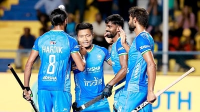 India players celebrate during the match against Korea in the Asian Champions Trophy 2023 (Hockey India Twitter)