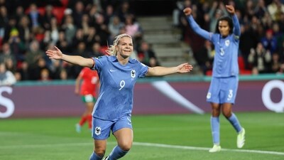 France's Eugenie Le Sommer celebrates after scoring her team's fourth goal during the Women's World Cup round of 16 soccer match between France and Morocco (AP) France's Eugenie Le Sommer celebrates after scoring her team's fourth goal during the Women's World Cup round of 16 soccer match between France and Morocco (AP)