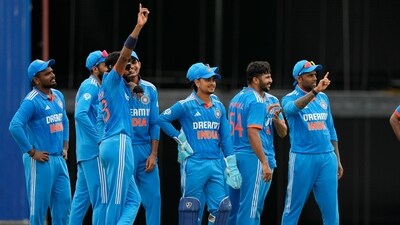 West Indies' Romario Shepherd celebrates the dismissal of India's Axar Patel during the second ODI cricket match (AP) West Indies' Romario Shepherd celebrates the dismissal of India's Axar Patel during the second ODI cricket match (AP)