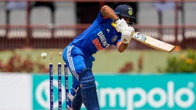 India's Ishan Kishan is bowled by West Indies' Romario Shepherd during their second T20 cricket match (AP) India's Ishan Kishan is bowled by West Indies' Romario Shepherd during their second T20 cricket match (AP)