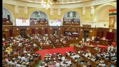 Members attend the Monsoon session of the UP Assembly, at Vidhan Bhawan, in Lucknow, Tuesday. (PTI Photo)