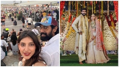 Miheeka Bajaj with Rana Daggubati in a holiday pic (left) and at their wedding in 2020 (right). Miheeka Bajaj with Rana Daggubati in a holiday pic (left) and at their wedding in 2020 (right).