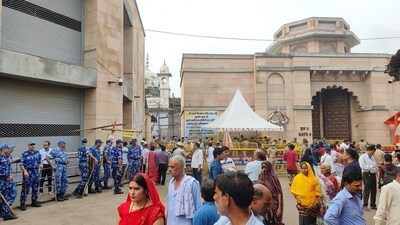 Tight security arrangements as a team of the Archaeological Survey of India (ASI) arrives to conduct the scientific survey at the Gyanvapi mosque complex, in Varanasi. (PTI)