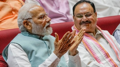 In his address to party MPs at the BJP parliamentary meeting, he described the opposition alliance as 'ghamandia' (marked by arrogance) and congratulated the party's Rajya Sabha members for the "semi-final" win in voting on the Delhi services bill. (PTI) In his address to party MPs at the BJP parliamentary meeting, he described the opposition alliance as 'ghamandia' (marked by arrogance) and congratulated the party's Rajya Sabha members for the "semi-final" win in voting on the Delhi services bill. (PTI)