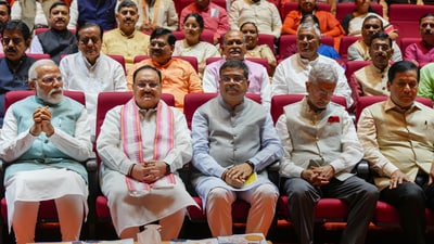 PM Modi with BJP National President JP Nadda, Union Ministers Dharmendra Pradhan, S. Jaishankar, Sarbananda Sonowal and others during the BJP Parliamentary party meeting. (PTI) PM Modi with BJP National President JP Nadda, Union Ministers Dharmendra Pradhan, S. Jaishankar, Sarbananda Sonowal and others during the BJP Parliamentary party meeting. (PTI)