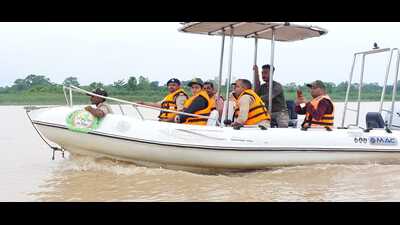 Recently, district magistrate Monica Rani, accompanied by forest officials, visited Bharthapur by motorboat (HT Photo) Recently, district magistrate Monica Rani, accompanied by forest officials, visited Bharthapur by motorboat (HT Photo)