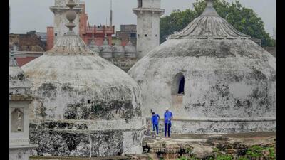 The Archaeological Survey of India team during the scientific survey at the Gyanvapi mosque complex on Tuesday. (PTI)