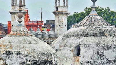 The Archaeological Survey of India team during the scientific survey at Gyanvapi mosque on Tuesday. (PTI) The Archaeological Survey of India team during the scientific survey at Gyanvapi mosque on Tuesday. (PTI)