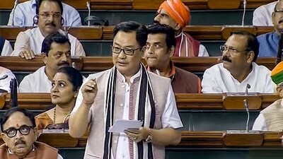 Union Minister fo Earth Sciences Kiren Rijiju speaks in the Lok Sabha during the ongoing Monsoon session of Parliament, in New Delhi, Tuesday, Aug. 8, 2023. (PTI) Union Minister fo Earth Sciences Kiren Rijiju speaks in the Lok Sabha during the ongoing Monsoon session of Parliament, in New Delhi, Tuesday, Aug. 8, 2023. (PTI)