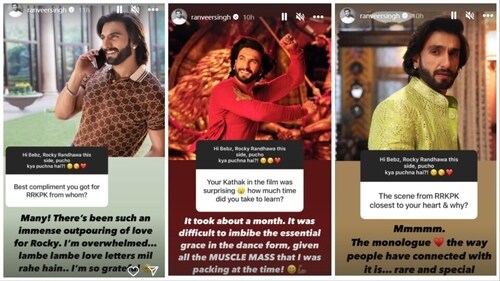 Ranveer Singh took to Instagram Stories and answered some fan questions about the film and his character Rocky Randhawa. Ranveer Singh took to Instagram Stories and answered some fan questions about the film and his character Rocky Randhawa.