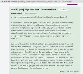 Woman shared a post about her boss calling her unprofessional after she fainted at her workplace. (Website/@Mumsnet) Woman shared a post about her boss calling her unprofessional after she fainted at her workplace. (Website/@Mumsnet)