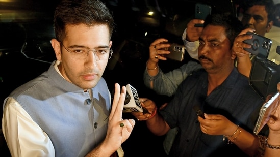 AAP MP Raghav Chadha speaks to the media after Rajya Sabha passes Delhi Services Bill, 2023 in New Delhi on Monday. (ANIPhoto)