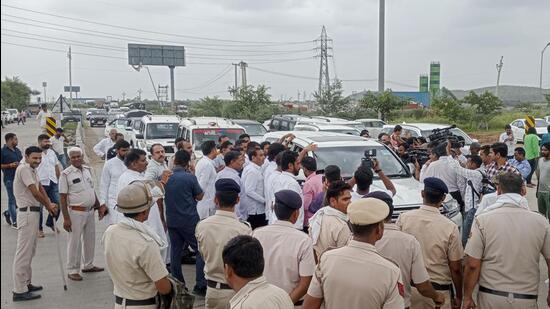 Congress MP Deepender Hooda and other party leaders were stopped on their way to violence-hit areas of Nuh on Tuesday. (PTI)