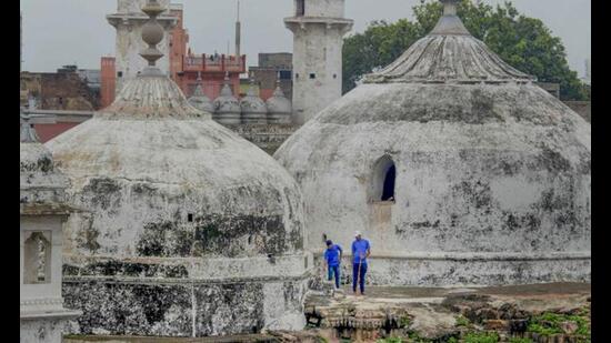 The Archaeological Survey of India team during the scientific survey at the Gyanvapi mosque complex on Tuesday. (PTI)