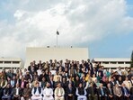 Pakistan's Prime Minister Shehbaz Sharif in a group photo with the members of the National Assembly in Islamabad, Pakistan August 9, 2023. REUTERS/Waseem Khan NO RESALES. NO ARCHIVES